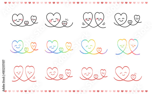 親子や家族を表現したかわいいハートの装飾イラストセット 手描きシンプルデザインの挿絵アイコン