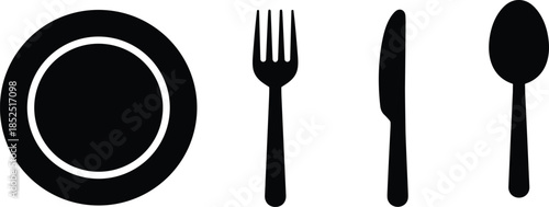 Plate with fork knife spoon icon set, dining tableware silhouette, restaurant food service symbol, minimal kitchen utensils vector illustration