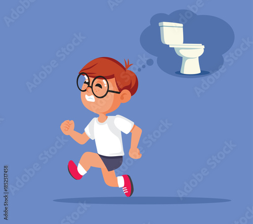 Boy Runs Needs to Go to the Toilet Vector Illustration.  Little kid having problems hurrying to the restroom
