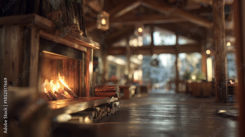 Obraz premium Ski lodge interior with fireplace warmth, cozy retreat. Blurred background