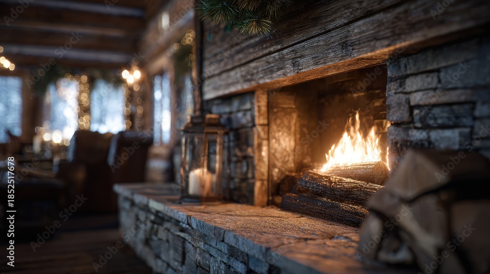 Naklejka premium Ski lodge interior with fireplace warmth, cozy retreat. Blurred background
