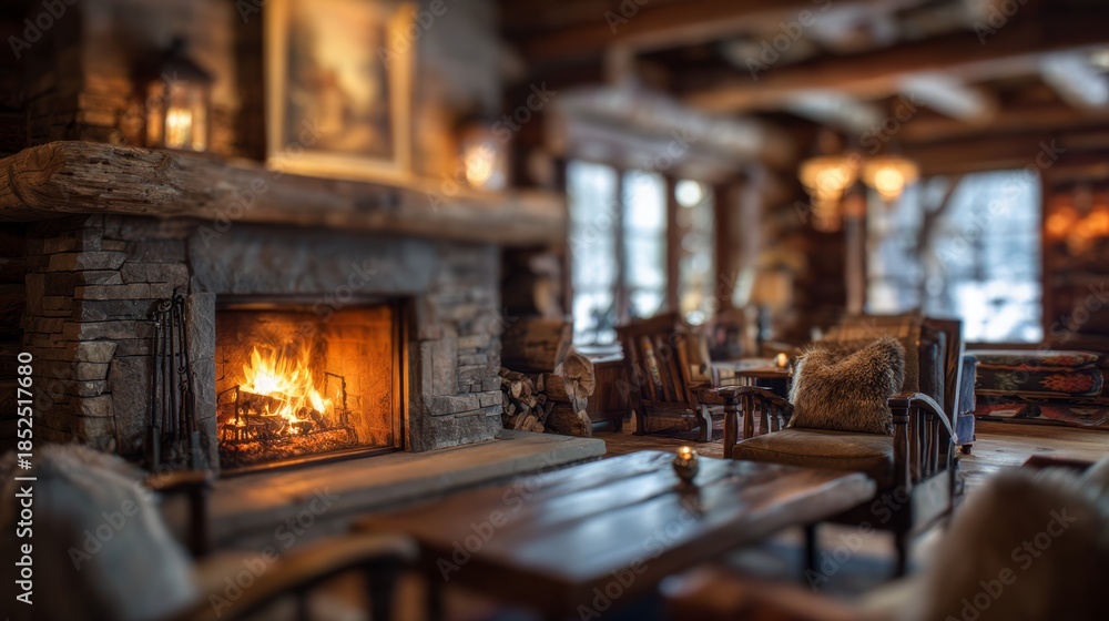 Obraz premium Ski lodge interior with fireplace warmth, cozy retreat. Blurred background