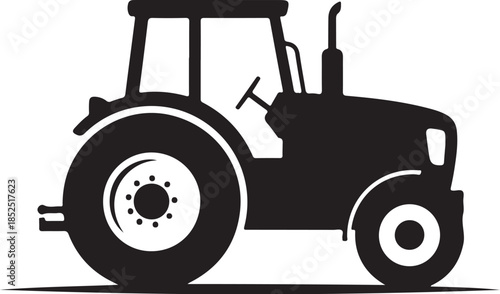 Black silhouette of a farm tractor on white background Keywords: tractor, farm, agriculture