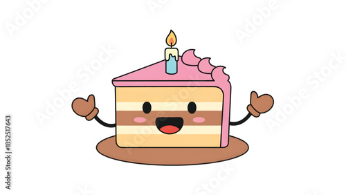 Happy Cartoon Cake Slice with Candle and Gloved Hands