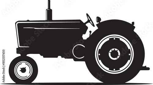 Side profile silhouette of a vintage farm tractor Keywords: tractor, farm, agriculture, vehicle