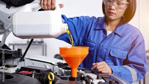 A bright, professional close-up shows a female technician in blue overalls pouring golden engine oil into a car engine using an orange funnel near the prison.