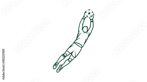 Dramatic vector illustration of a goalkeeper diving horizontally to make a crucial save, stretching out to block the soccer ball from entering the goal net.