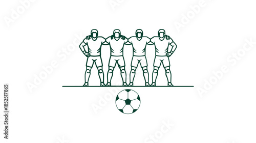Vector illustration of four soccer players standing together in a defensive wall formation ready to block a free kick, representing teamwork and unity in sports.