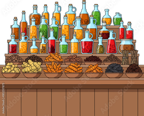 Assorted Herbs and Spices with Bottles.