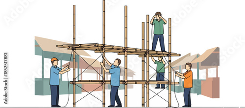Construction Workers Building Scaffolding Structure.