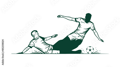 Action sketch of two soccer players jumping to compete for a header, depicting an intense aerial duel for ball possession during a football game.