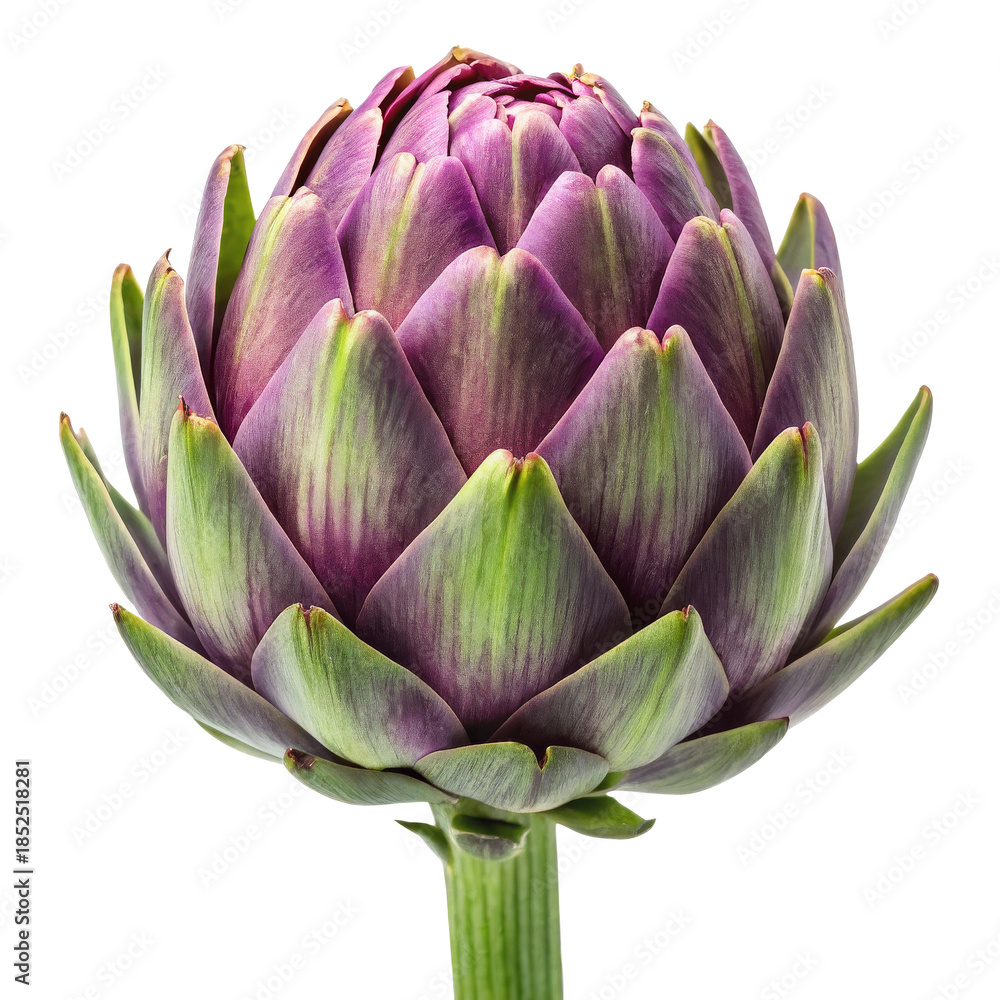 Fototapeta premium Artichoke with vibrant purple and green petals isolated on white background