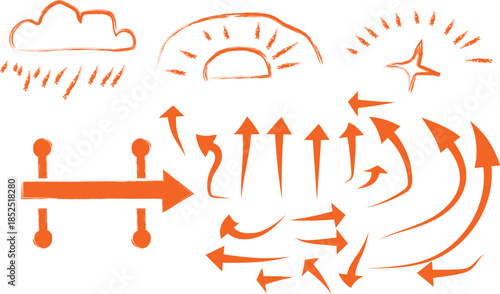 A collection of hand drawn weather and wind direction symbols and arrows on a white background