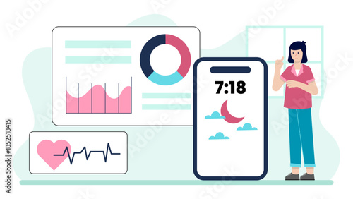 Remote Sleep Coach Analyzing Client Data. Flat Vector Illustration