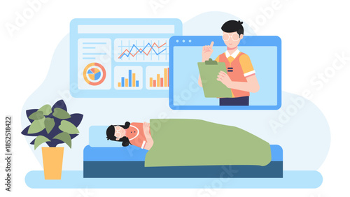 Remote Sleep Coach Analyzing Client Data. Flat Vector Illustration