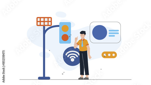 Smart City Implementing Adaptive Traffic Lights. Flat Vector Illustration