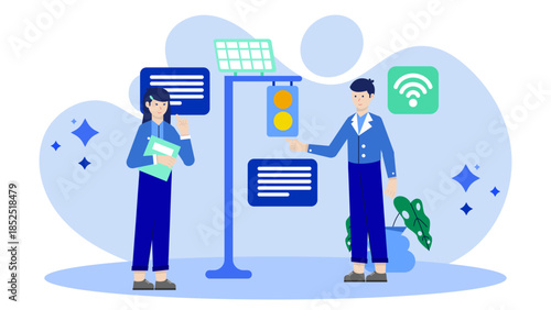 Smart City Implementing Adaptive Traffic Lights. Flat Vector Illustration
