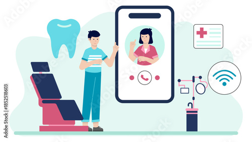 Tele-dentistry Consultation for Oral Health. Flat Vector Illustration