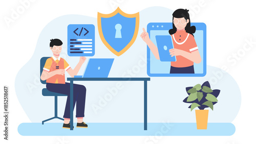 IT Team Setting Up a Secure Remote Access System. Flat Vector Illustration