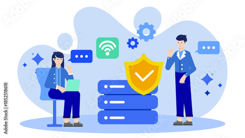 IT Team Setting Up a Secure Remote Access System. Flat Vector Illustration