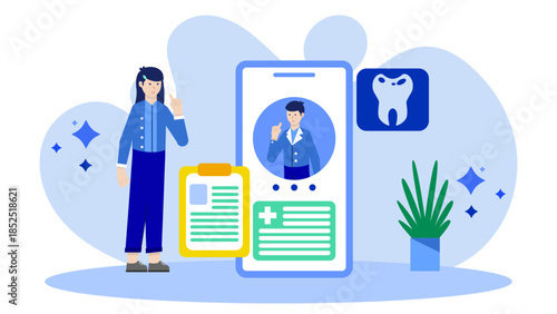 Tele-dentistry Consultation for Oral Health. Flat Vector Illustration