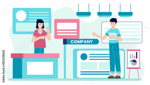 Co-working Space Hosting a Pop-Up Retail Event. Flat Vector Illustration