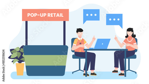 Co-working Space Hosting a Pop-Up Retail Event. Flat Vector Illustration