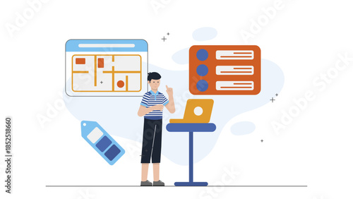 Virtual Interior Designer Creating a Mood Board. Flat Vector Illustration