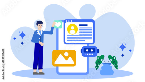 AI Curating a Personalized News Feed. Flat Vector Illustration