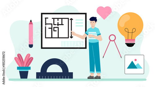 Virtual Interior Designer Creating a Mood Board. Flat Vector Illustration