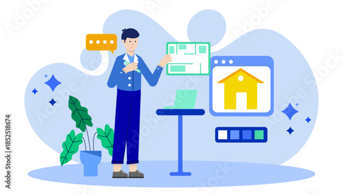 Virtual Interior Designer Creating a Mood Board. Flat Vector Illustration