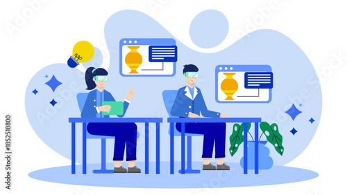 Virtual Reality Historical Reenactment for Education. Flat Vector Illustration