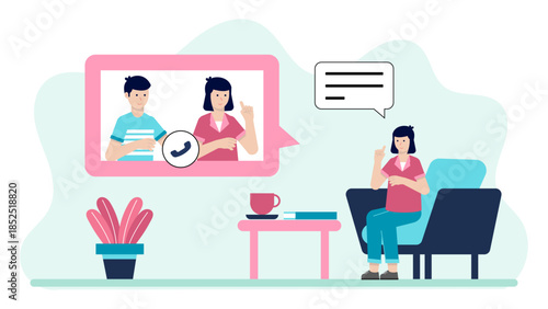 Online Couples Counseling Session. Flat Vector Illustration