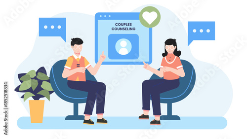 Online Couples Counseling Session. Flat Vector Illustration