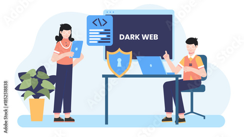Cybersecurity Team Conducting a Dark Web Scan. Flat Vector Illustration