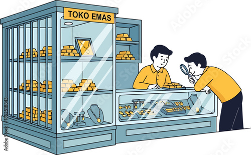 Two Men Examining Gold Jewellery Display.