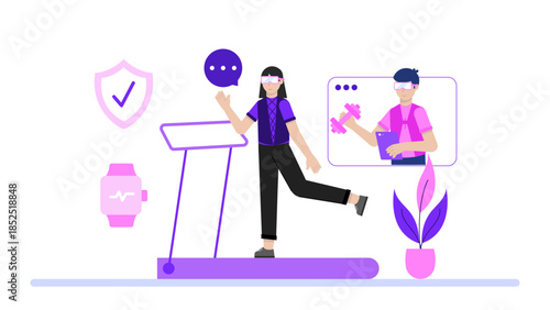 VR Used for Rehabilitation Physical Therapy. Flat Vector Illustration