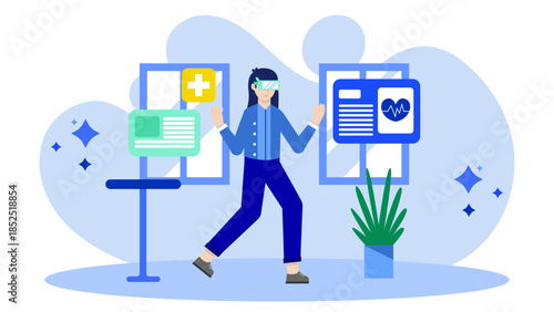VR Used for Rehabilitation Physical Therapy. Flat Vector Illustration