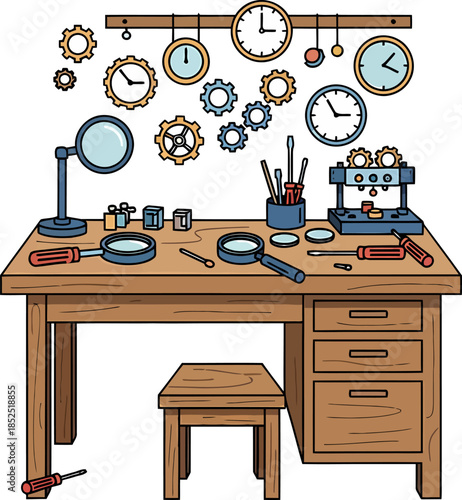 Canvas Print Clocks and Tools on Wooden Workbench.