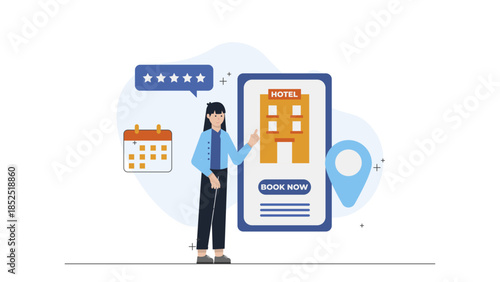 Smart Hotel with Contactless Check-In. Flat Vector Illustration