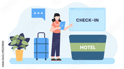 Smart Hotel with Contactless Check-In. Flat Vector Illustration