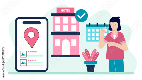Smart Hotel with Contactless Check-In. Flat Vector Illustration