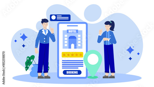 Smart Hotel with Contactless Check-In. Flat Vector Illustration