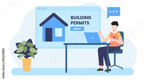 Online Platform for Applying for Building Permits. Flat Vector Illustration
