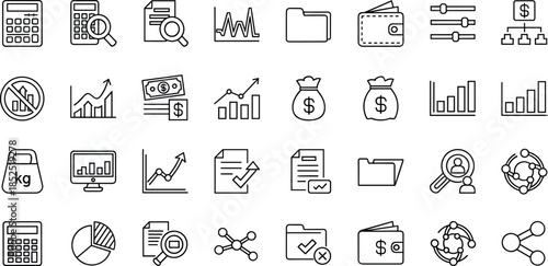 Business Finance and Accounting Line Icons Set Featuring Analytics, Reports, Charts, Budgeting, Payments and Financial Management Workflow Symbols