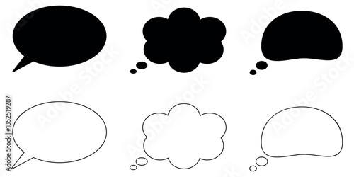 Diverse set of black and white speech and thought bubble vector graphic elements for design