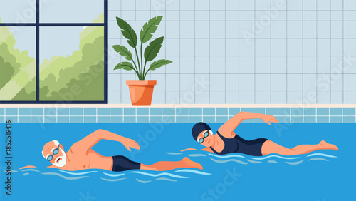 Active seniors enjoying a refreshing swim together in a bright indoor swimming pool, promoting a healthy lifestyle