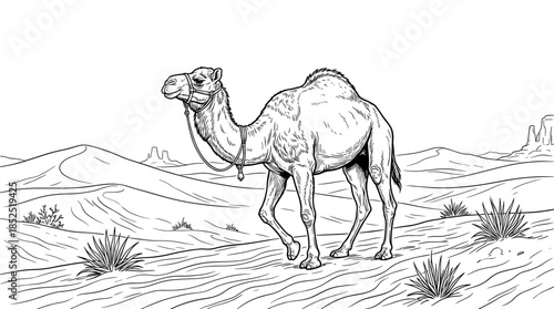 A detailed line drawing of a camel standing in a desert landscape with sparse vegetation and undulating sand dunes.