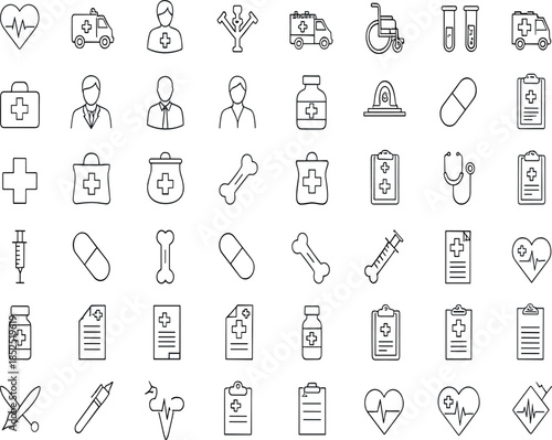 Medical and healthcare line icon set featuring doctors, medicine bottles, pills, syringes, first aid and hospital treatment symbols in clean outline vector style