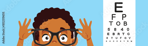 Boy Wears Glasses at Eye Checkup Vector Illustration. Child having his eyes checked wearing prescription glasses
